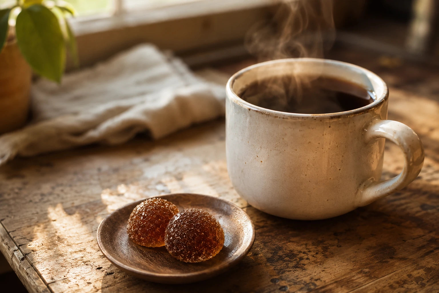 Two amber-brown gummies on a wooden dish beside a morning coffee