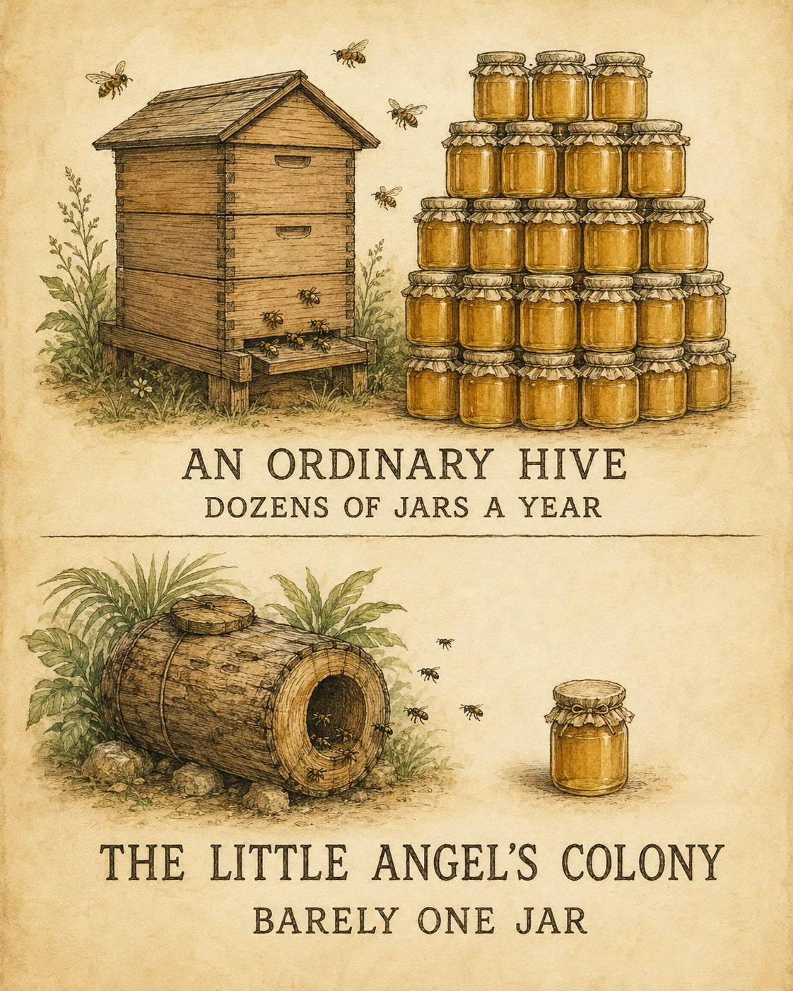 Hand-drawn comparison: an ordinary hive with dozens of jars a year beside the little angel's colony with barely one
