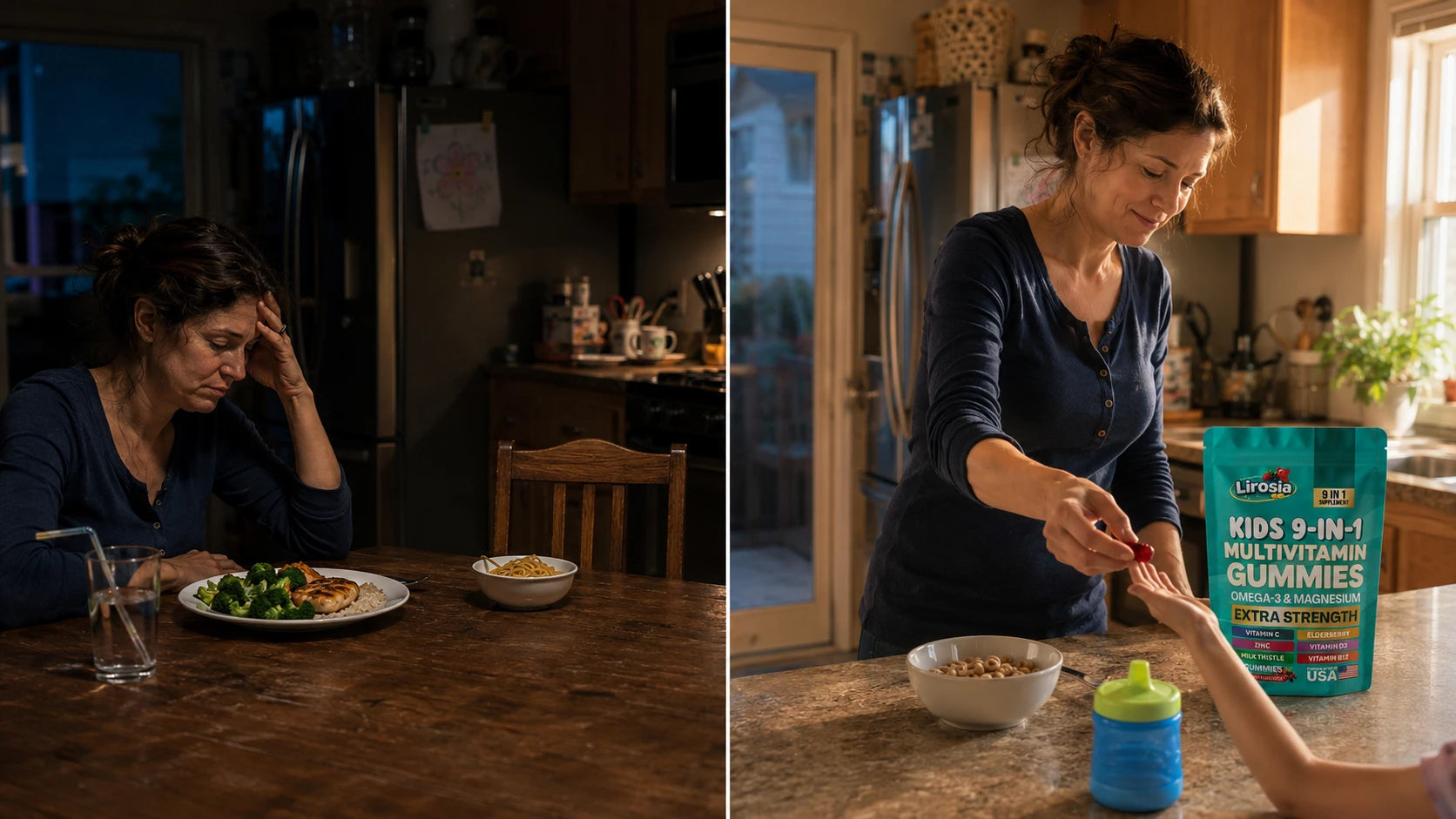 Before: tense dinner table with full plate and cold backup meal. After: bright calm morning, one berry gummy handed across breakfast.