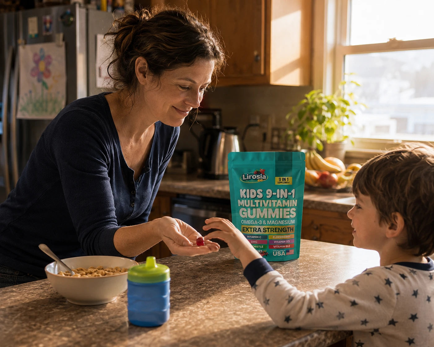 A calm morning kitchen: a parent handing a berry gummy to their young child at breakfast, both relaxed