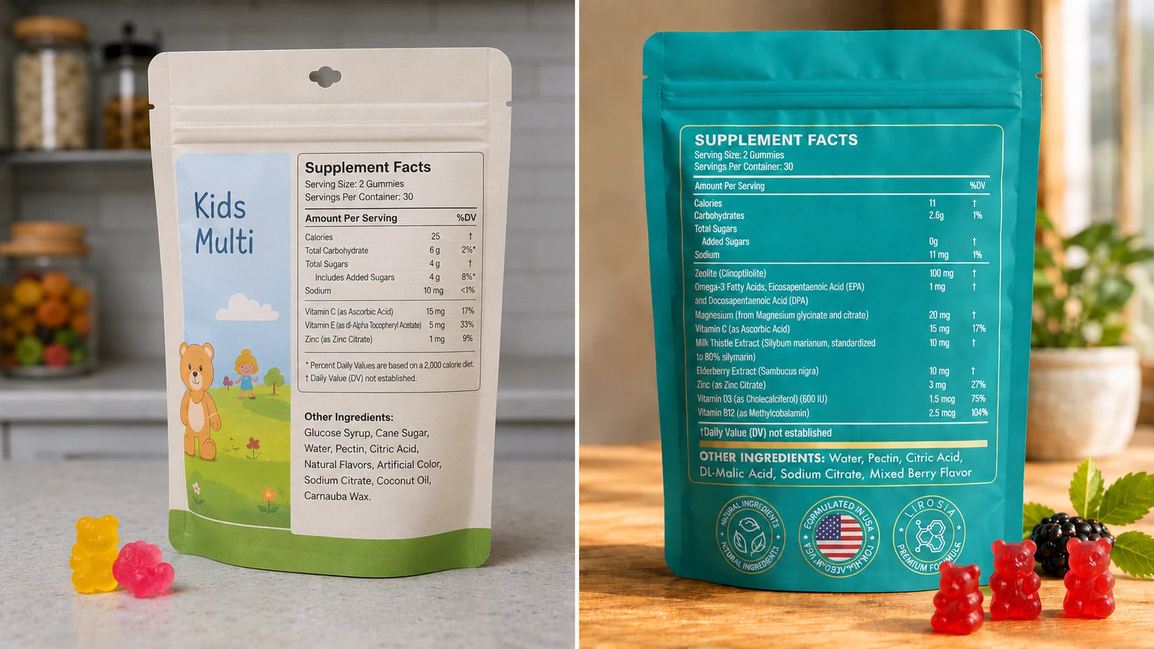Split-screen: cluttered cool ingredient panel on a generic kids' gummy bottle on the left versus the Lirosia pouch with a clean readable back panel on the right