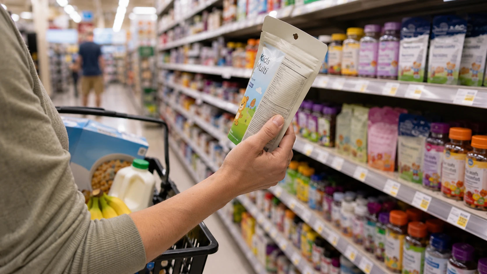 A parent's hand turning a kids' gummy vitamin pouch to its back panel in a brightly-lit supermarket supplement aisle