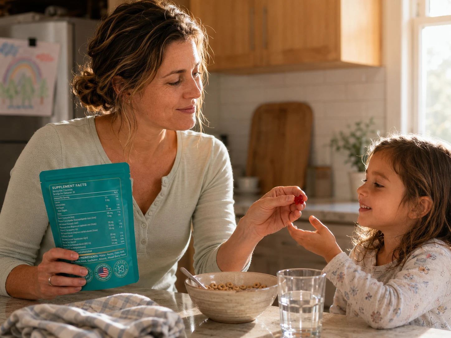 A parent holding the Lirosia pouch with the back panel visible while handing a single berry-red gummy to their young child at a sunlit kitchen counter