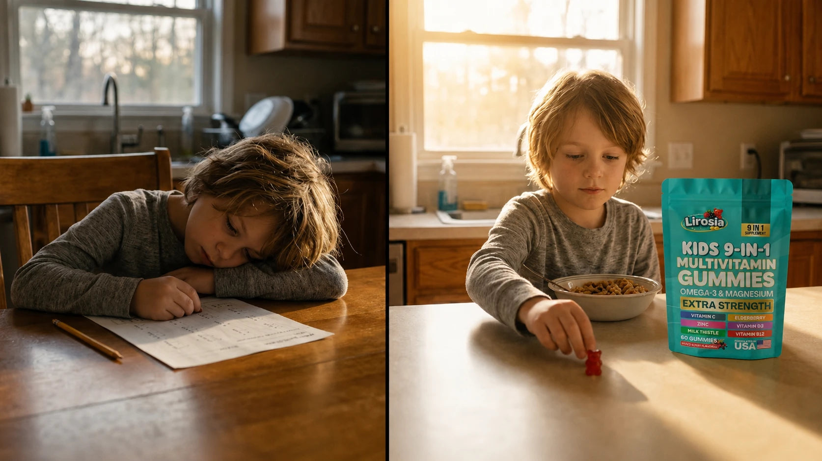 Split-screen: left, foggy afternoon homework table with a slumped child; right, calm bright morning kitchen with the same child reaching for a single Lirosia gummy