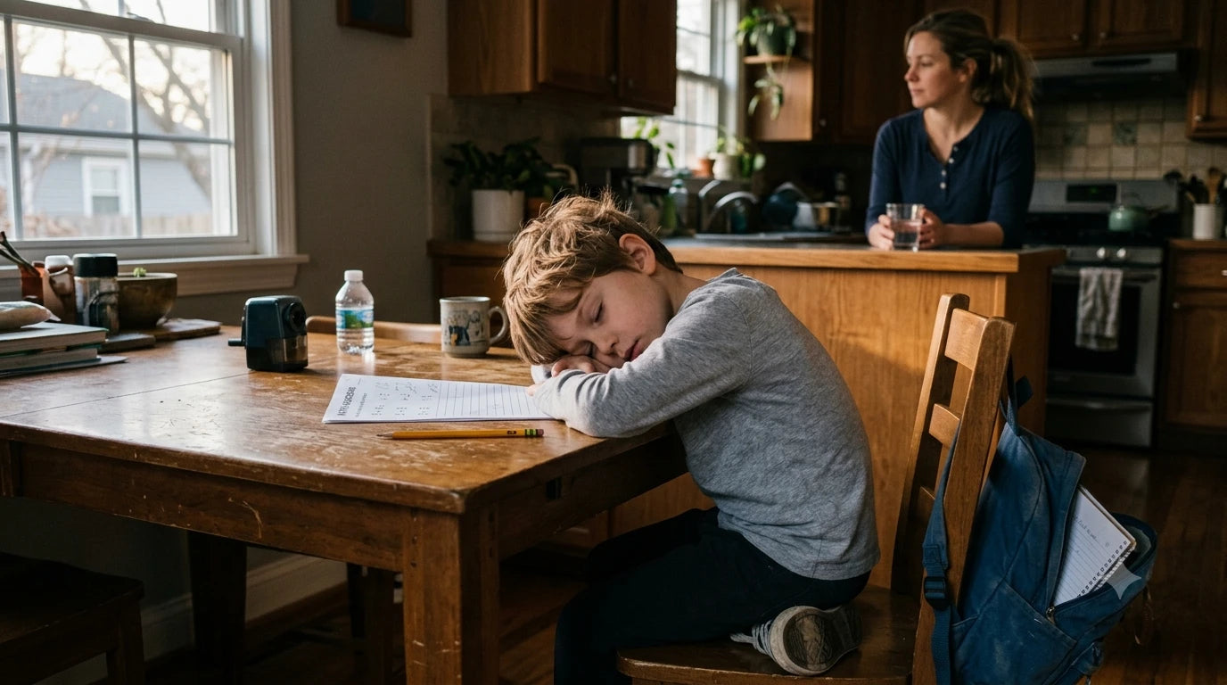 A school-age child slumped at the homework table in late-afternoon light, a barely-started worksheet under one elbow, a parent watching quietly in the background
