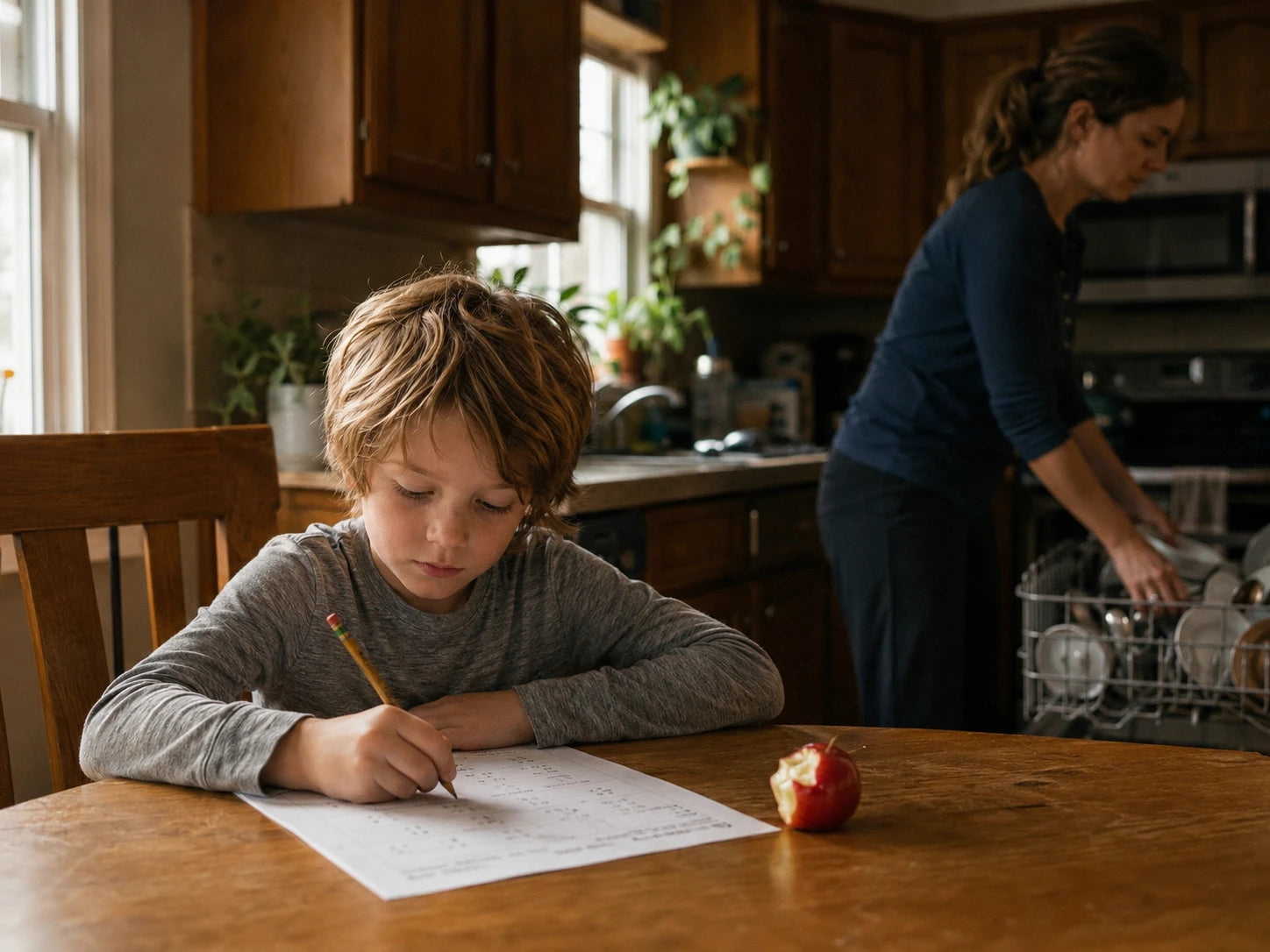 A school-age child sitting upright at the kitchen table at 4:08 p.m., calm and focused on a worksheet, a half-eaten apple beside the page