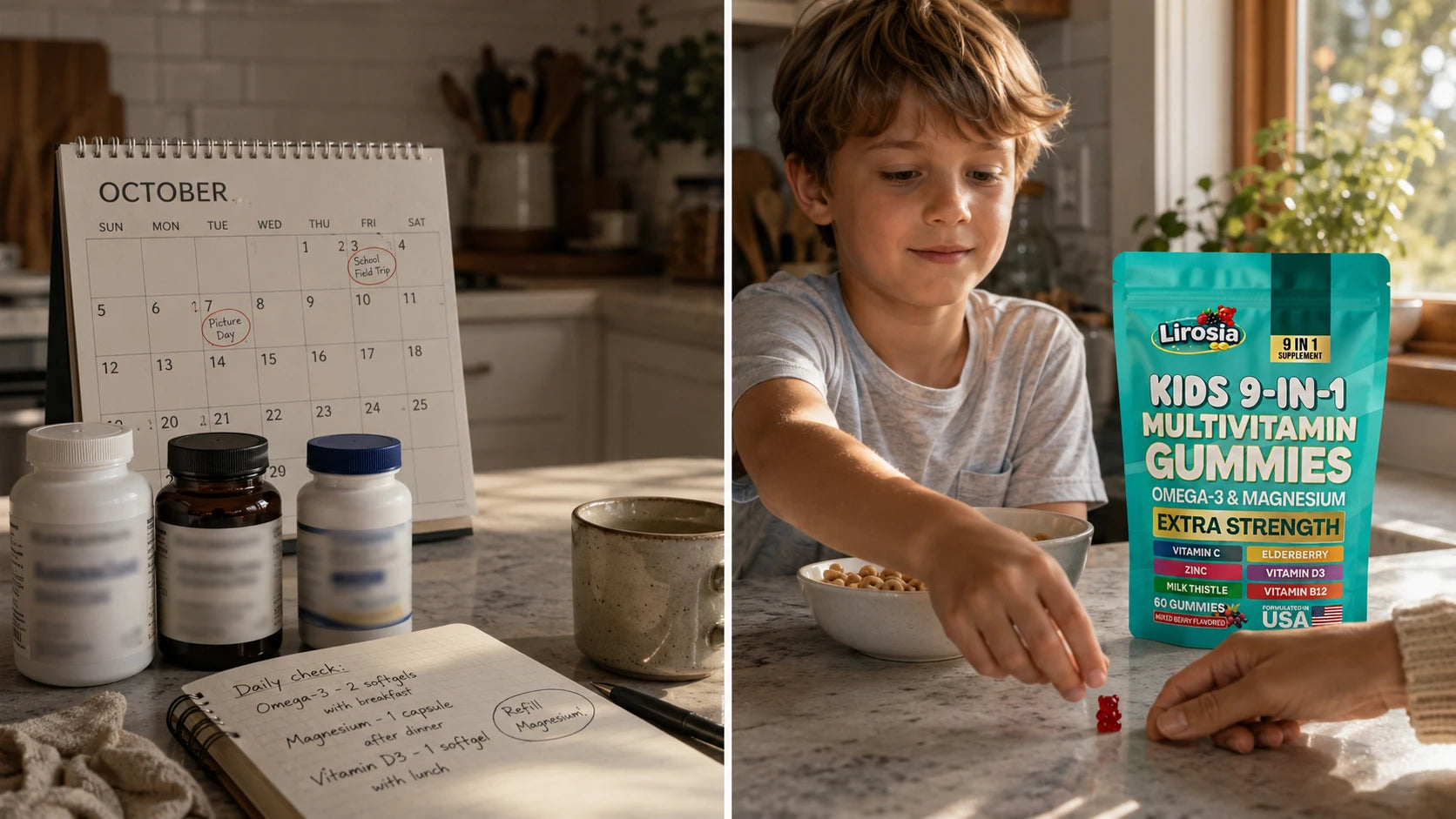 Split-screen: left, October kitchen counter with three different supplement bottles, a scrawled notes page, and a calendar showing the first week of October; right, August morning kitchen with a calm child reaching for a single Lirosia gummy beside a cereal bowl