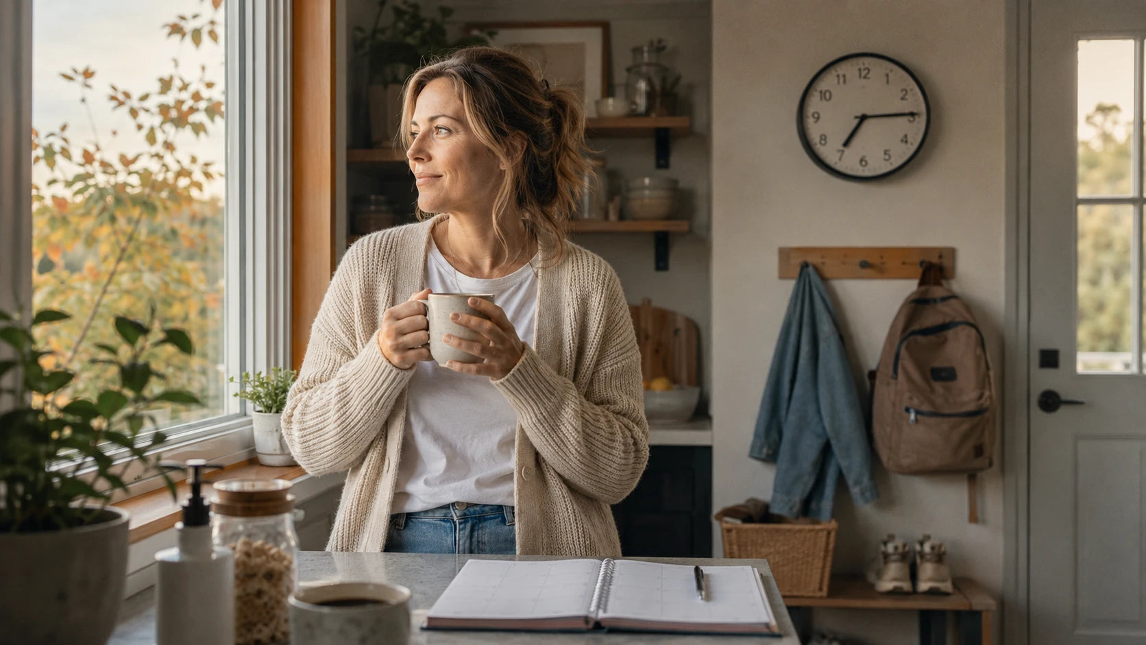 A mother in a cream cardigan standing at the kitchen counter with a mug of tea, looking out the window at a grey-gold morning sky and the first turning leaves of the season