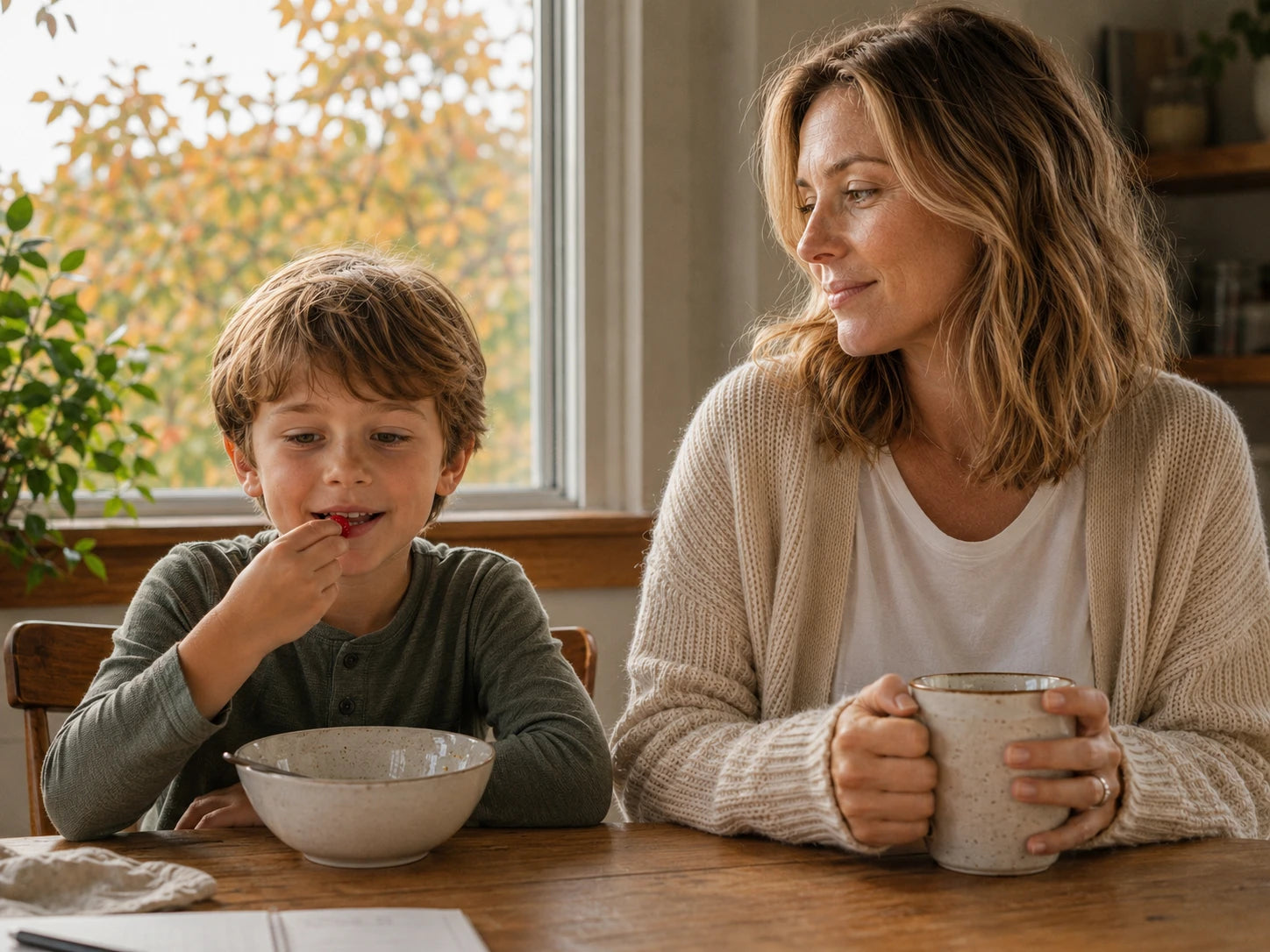 A mother and her young daughter at the breakfast table on a late-September morning, the daughter taking one berry-red gummy after a bowl of cereal, the first turning leaves visible through the window