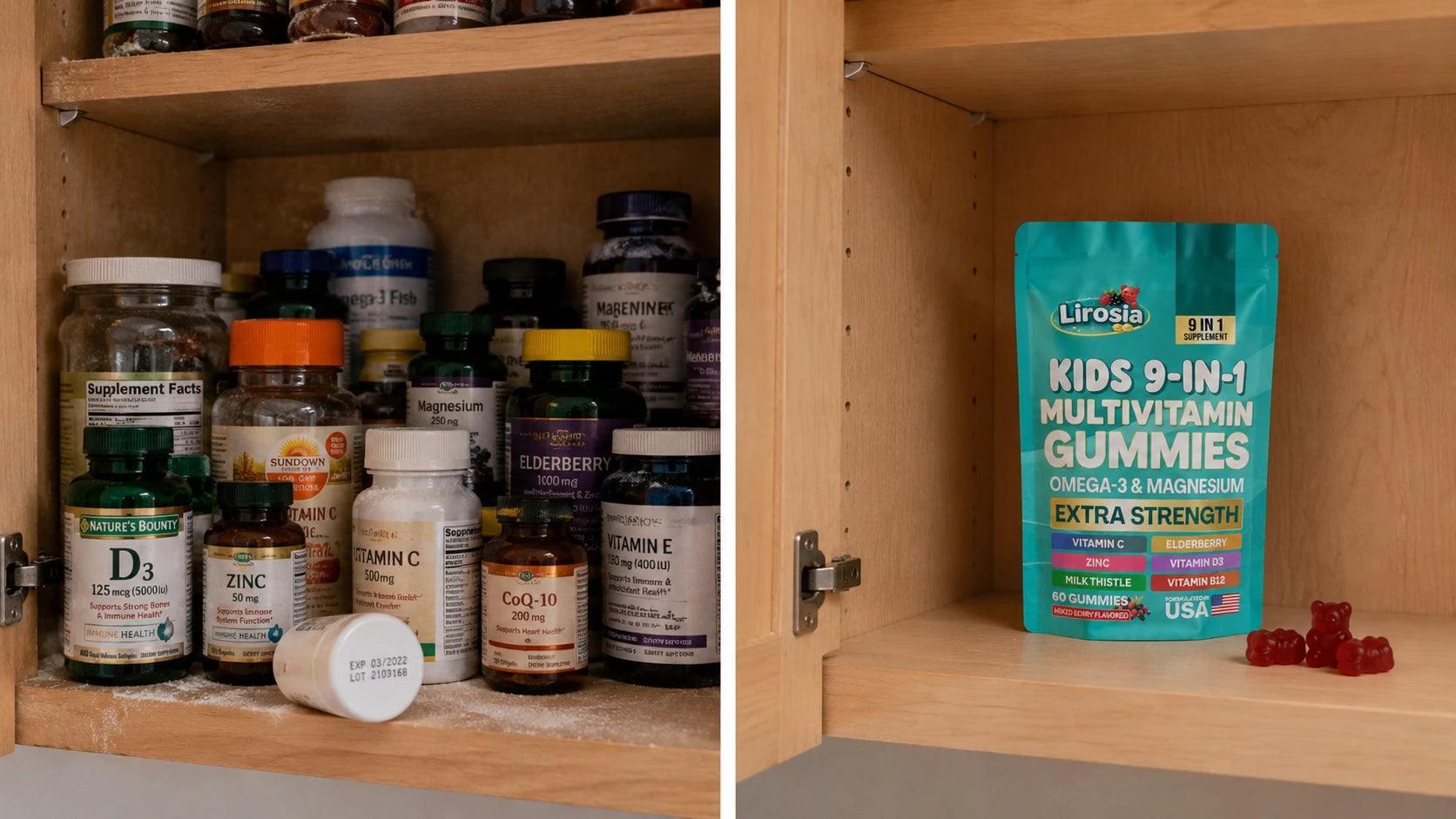 Before: cluttered cabinet with many supplement bottles. After: one clean Lirosia pouch alone on the shelf.
