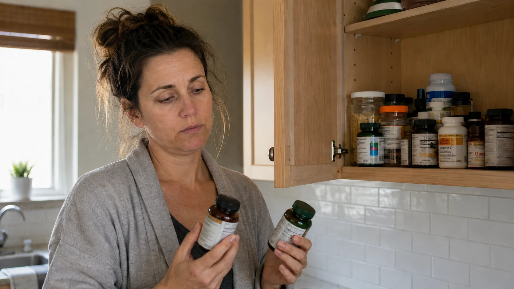 A parent standing at an open kitchen cabinet full of supplement bottles, looking unconvinced