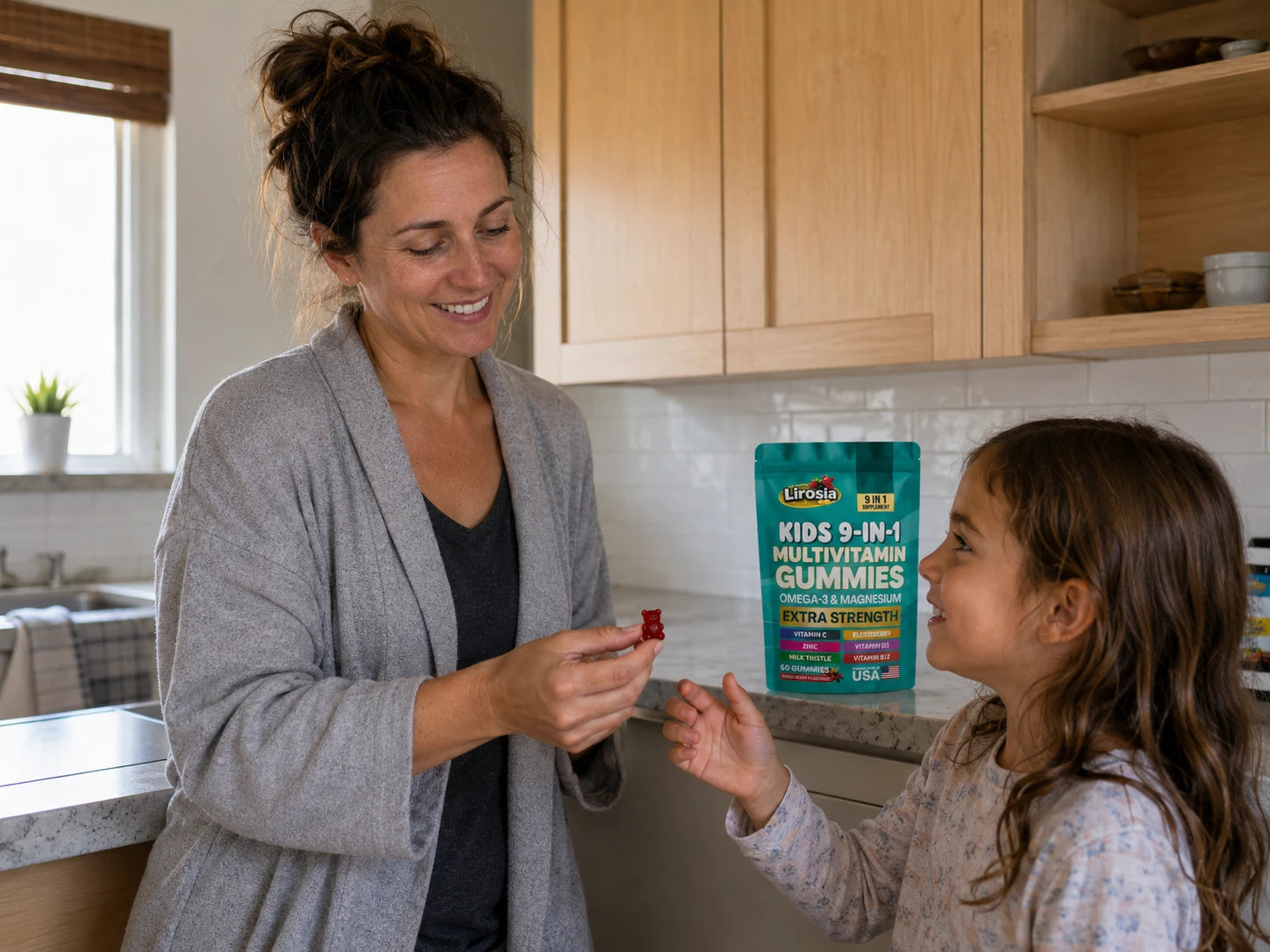 Parent handing a Lirosia gummy to her daughter who reaches for it like a treat