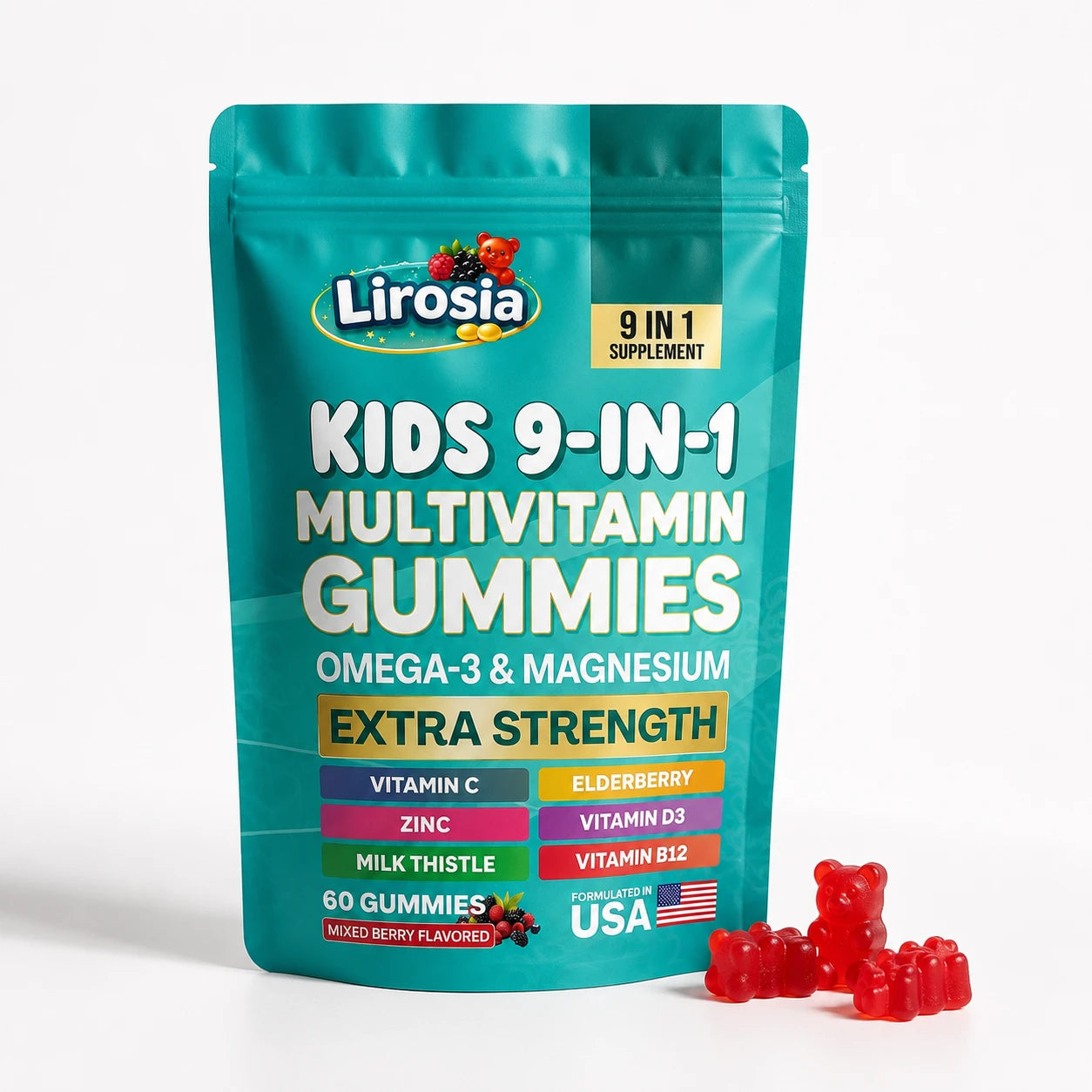 Lirosia Kids 9-in-1 Multivitamin Gummies pouch with berry gummies