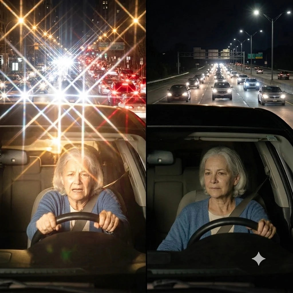 Split panel. Left, Diane gripping the wheel at night, sitting forward, squinting against oncoming headlight glare blooming across the windshield. Right, Diane relaxed in the same driver's seat at night, one hand easy on the wheel, the oncoming lights small and sharp.