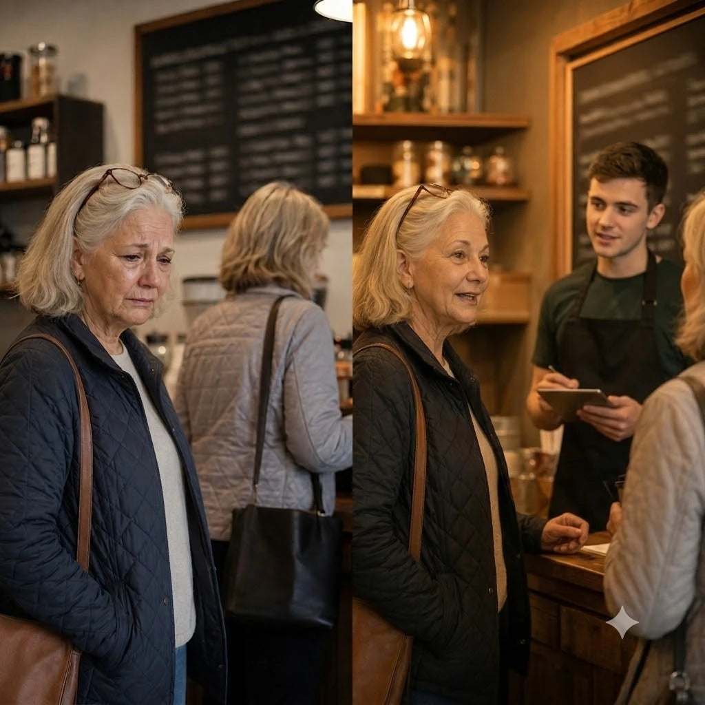Split panel. Left, Diane just inside a cafe doorway looking up at a chalkboard she cannot read, her sister already ordering. Right, Diane at the same doorway reading the same board easily, mid-sentence.