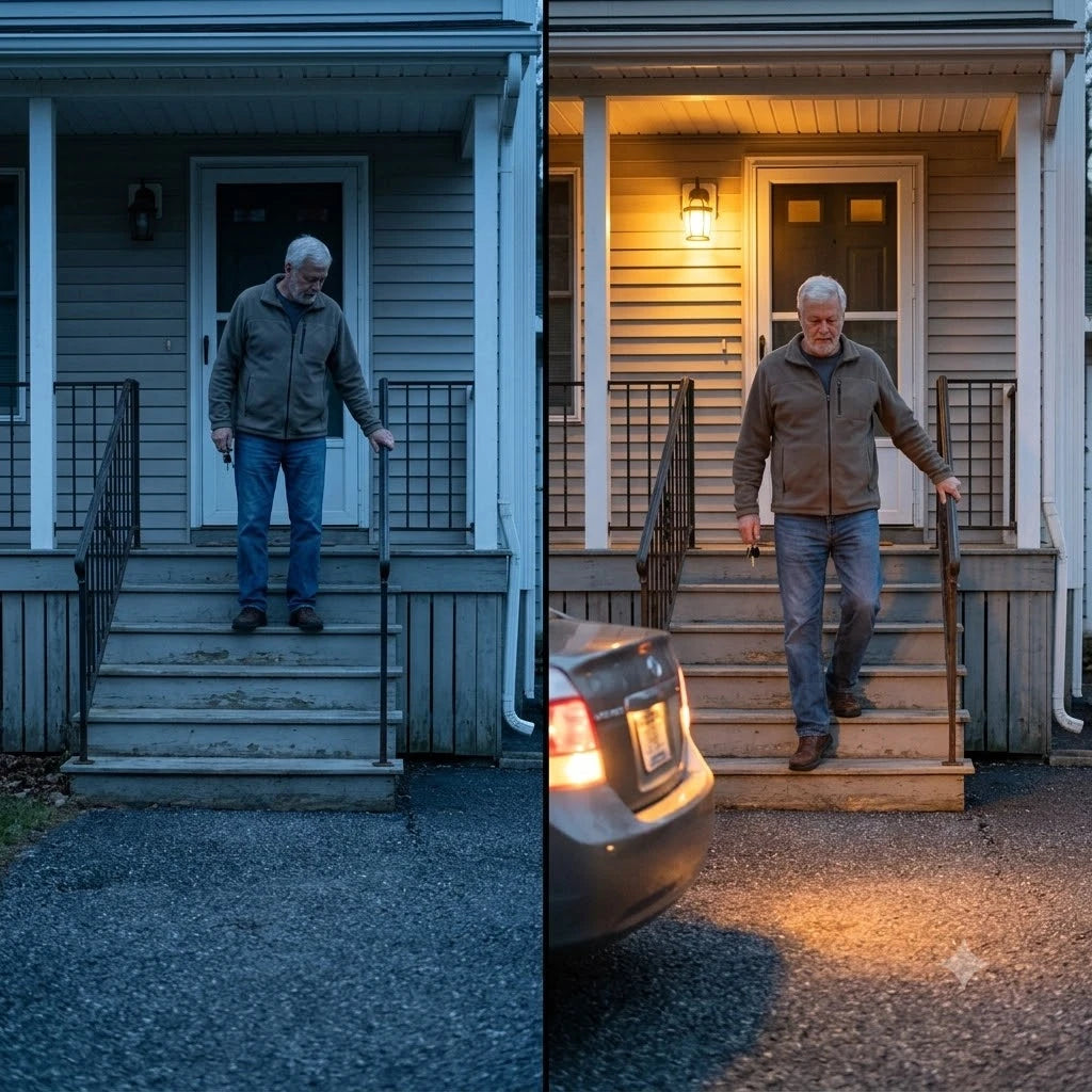 Split panel. Left, Gordon on his own porch at dusk not going down the steps, keys in his hand. Right, Gordon at the same porch after dark walking down toward a lit car.