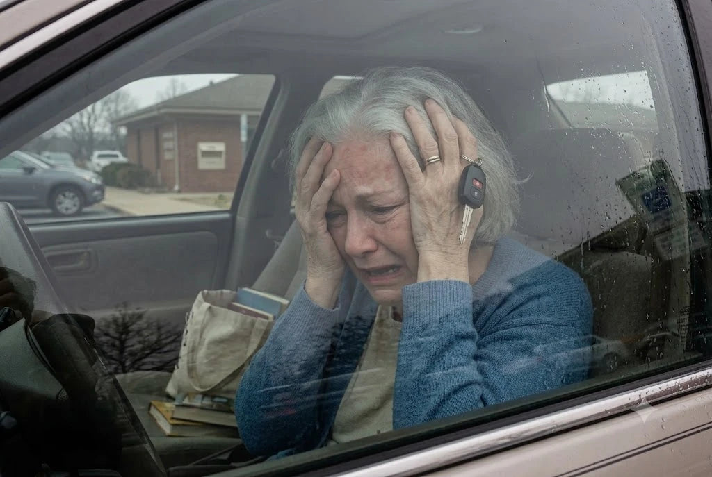 Diane in the driver's seat of her parked car outside the library, both hands over her face, car keys still hanging from her fingers