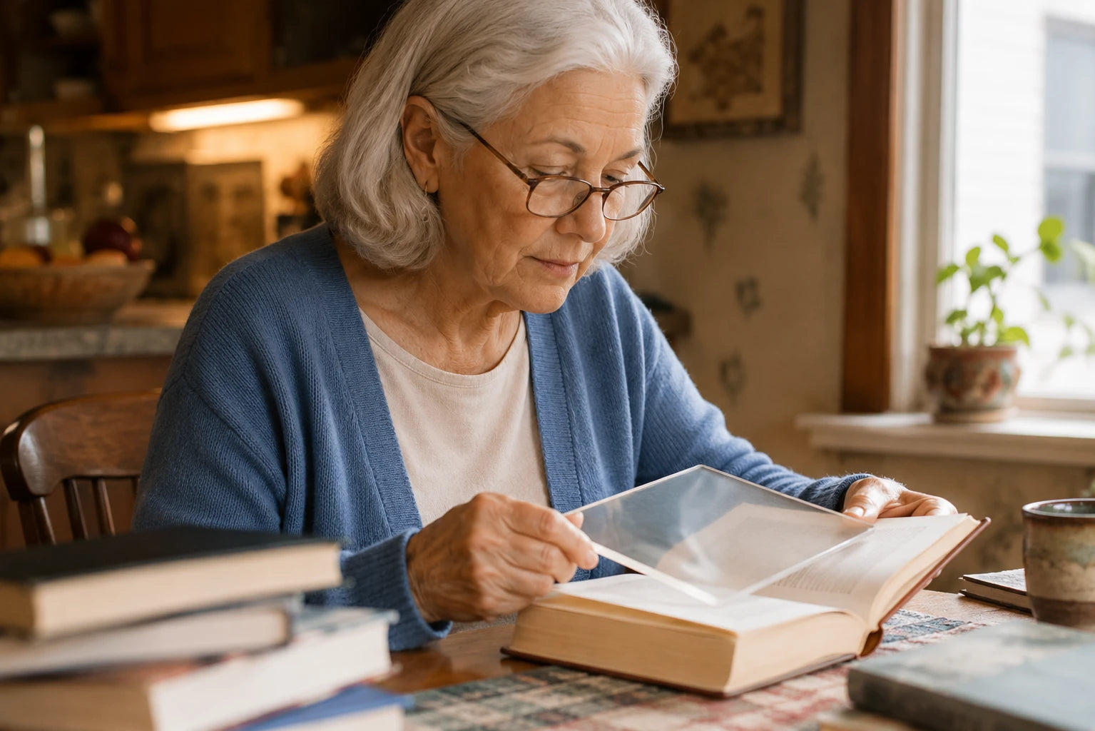 Diane at her kitchen table sorting large-print library books, a magnifying sheet resting on one of them