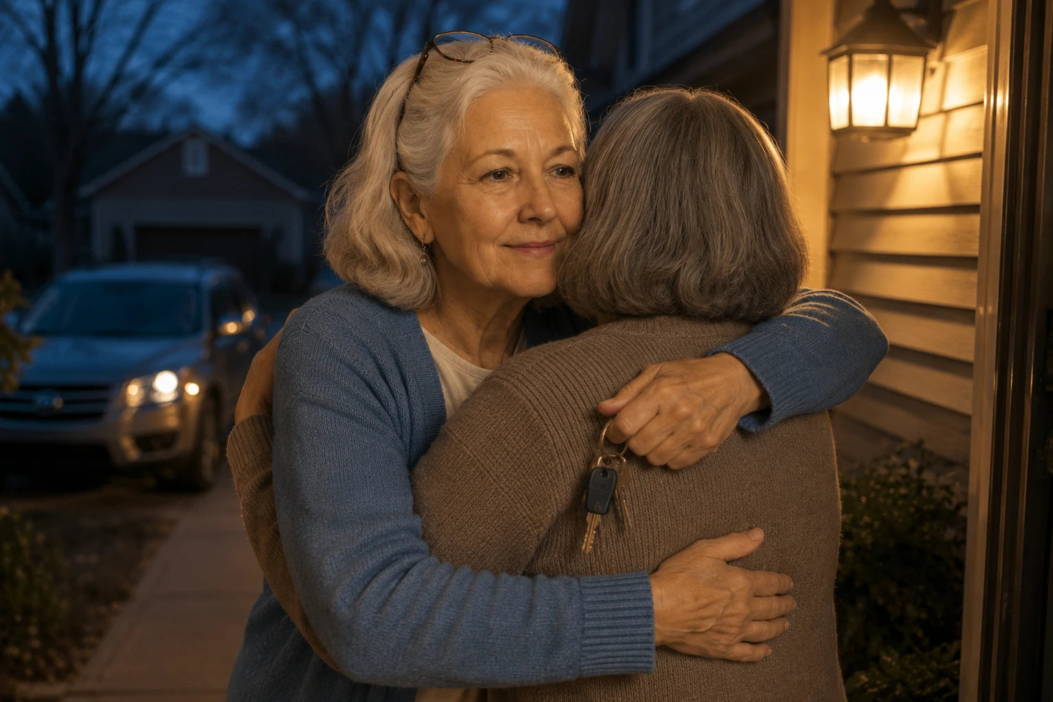 Diane arriving at her sister Ruth's porch in the evening, hugging her, her car parked in the driveway behind