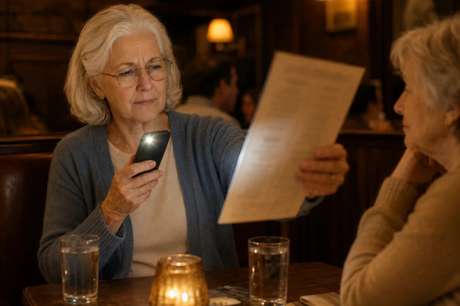 Diane in a dim restaurant booth holding the menu out at arm's length under her phone flashlight while her sister waits across the table
