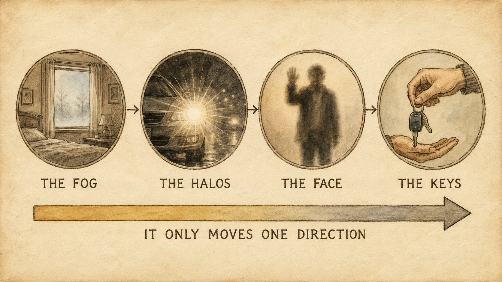 Hand-drawn four-stage progression: the fog, the halos, the face, then the keys handed over