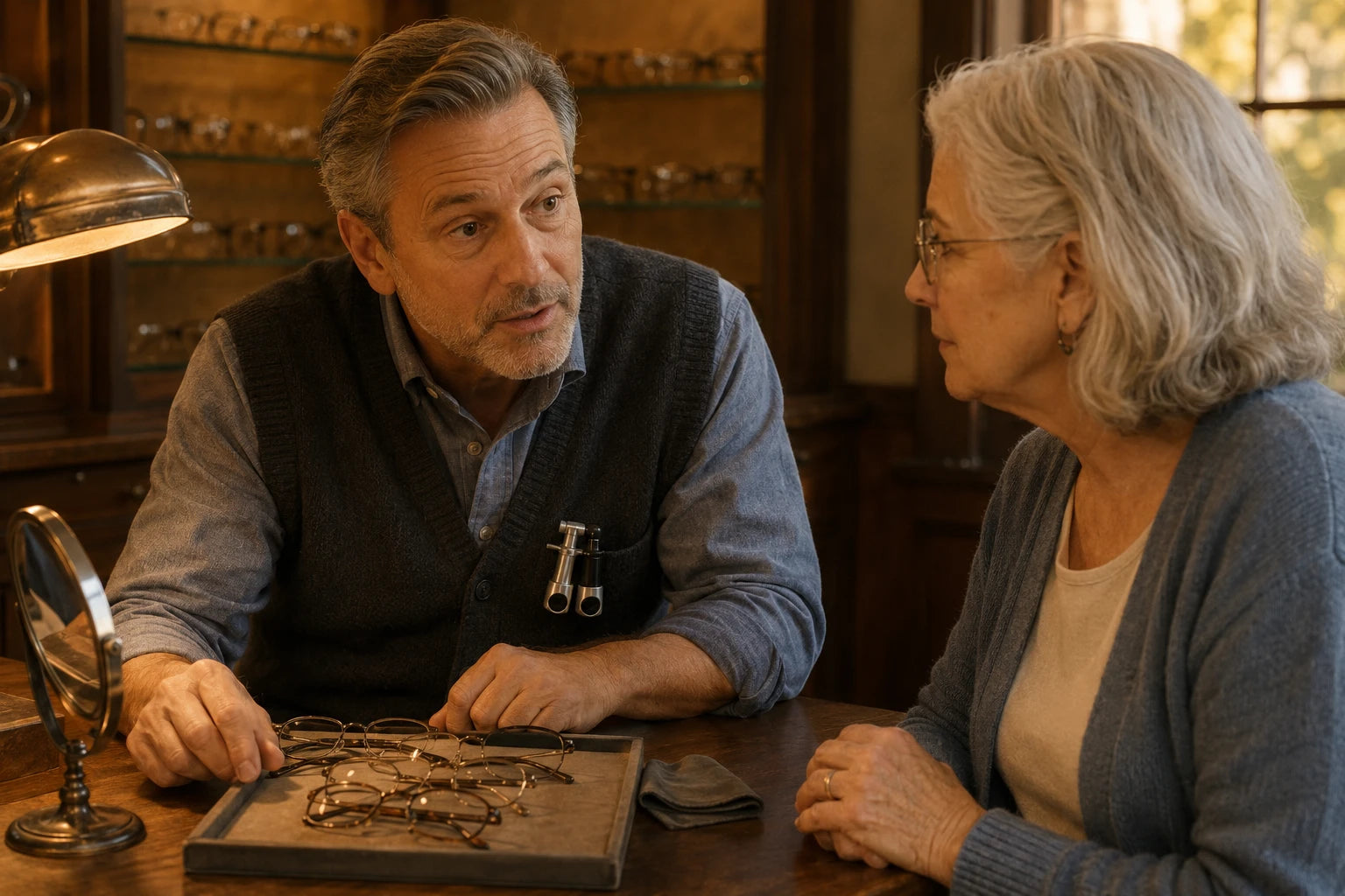 A man in his fifties at an optician's fitting bench, setting down a pair of frames to lean in and speak quietly to an older woman, warm light, no white coat, no clinical machines