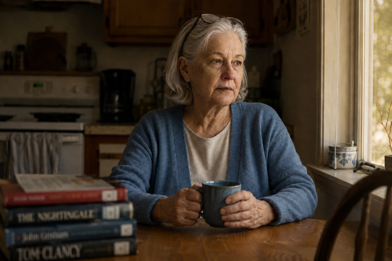 Diane sitting alone at her kitchen table in the late afternoon with a cold cup of coffee, looking out of the window
