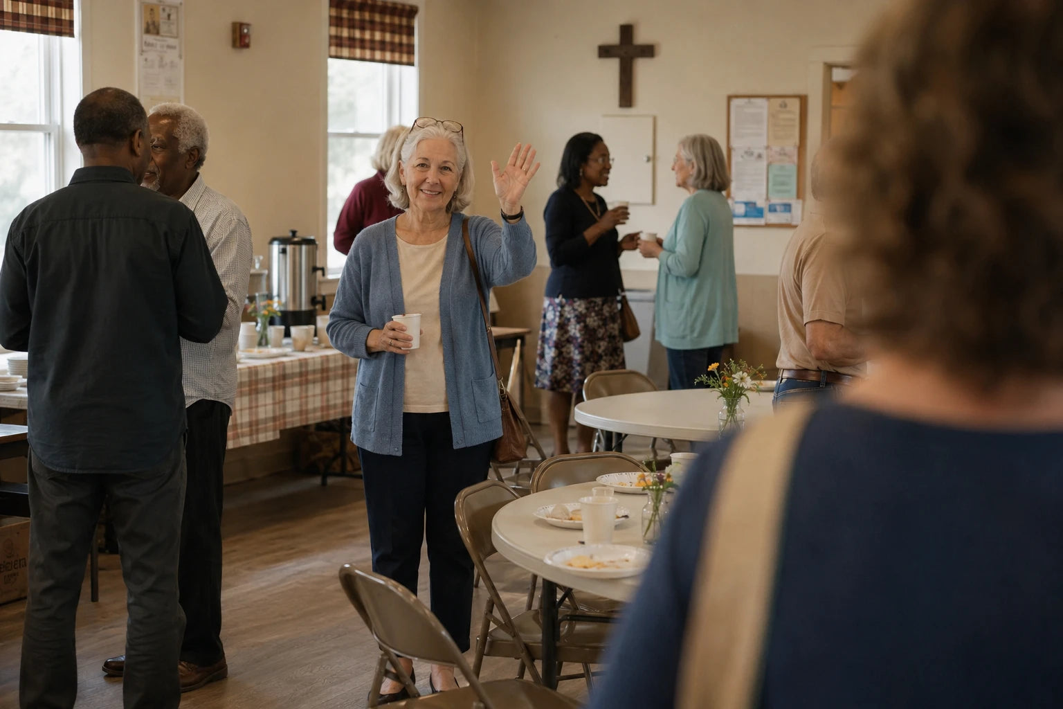 Diane smiling and waving back across a crowded church hall at a woman whose face is out of focus and unrecognisable