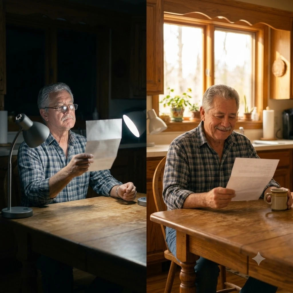 Split panel. Left, Frank at his kitchen table under a lamp holding a letter at full arm's length. Right, the same table in morning light, the same letter held at a normal reading distance.