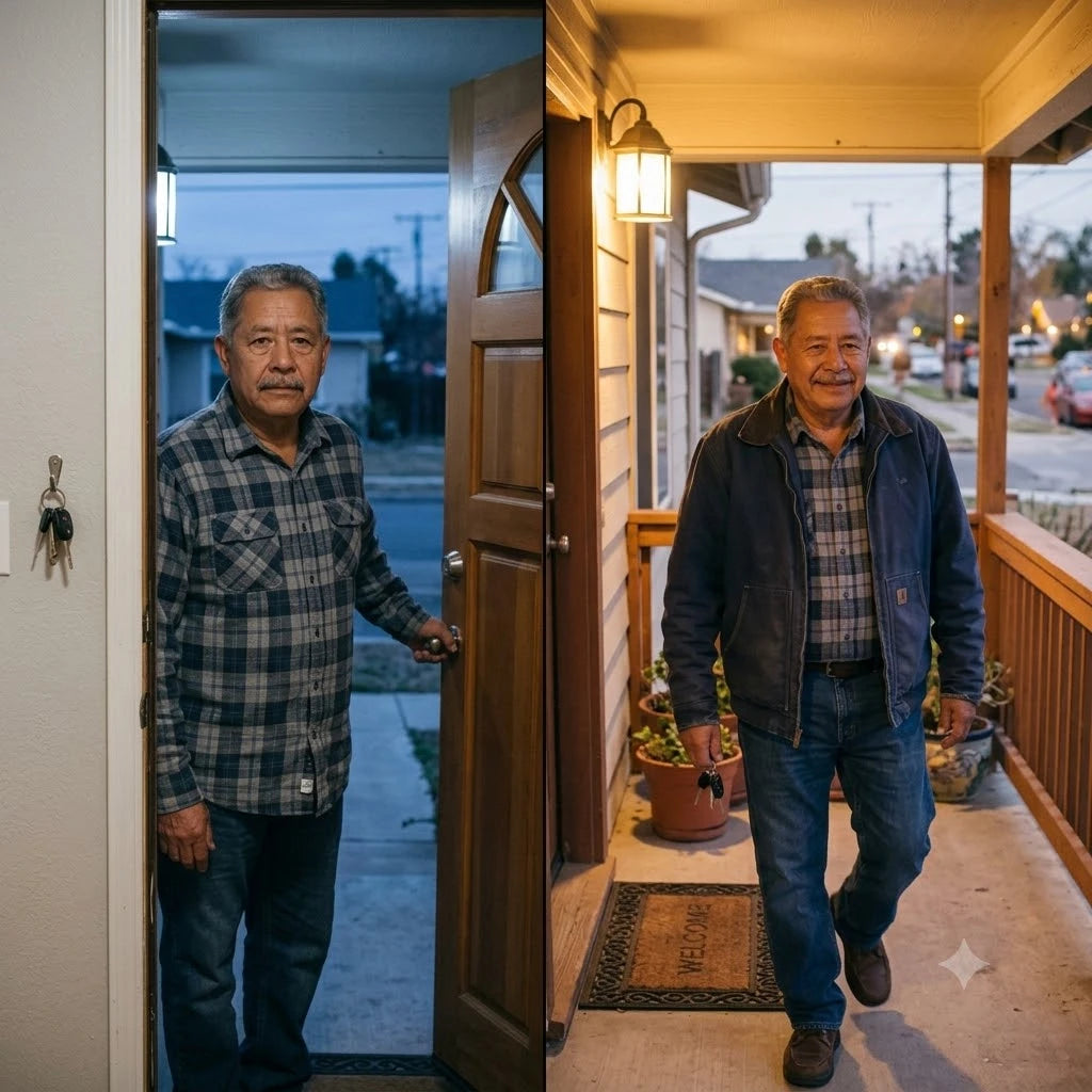 Split panel. Left, Frank at dusk standing by his front door with his keys still on the hook, the porch light on. Right, Frank on the same porch after dark, jacket on, keys in hand, heading out.