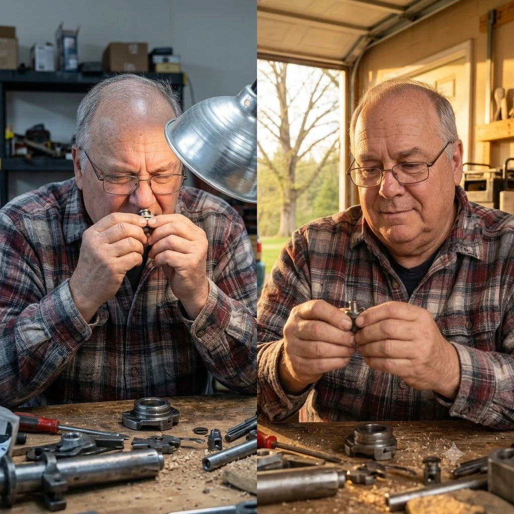 Split panel. Left, Arthur at his workbench holding a small part up close to a lamp. Right, Arthur at the same bench working at a normal distance with the lamp switched off.