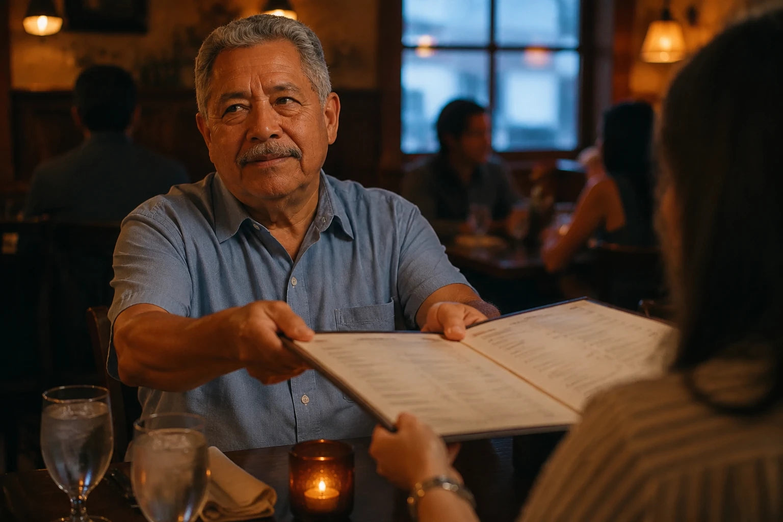 Frank handing a menu back across a dim restaurant table to his daughter