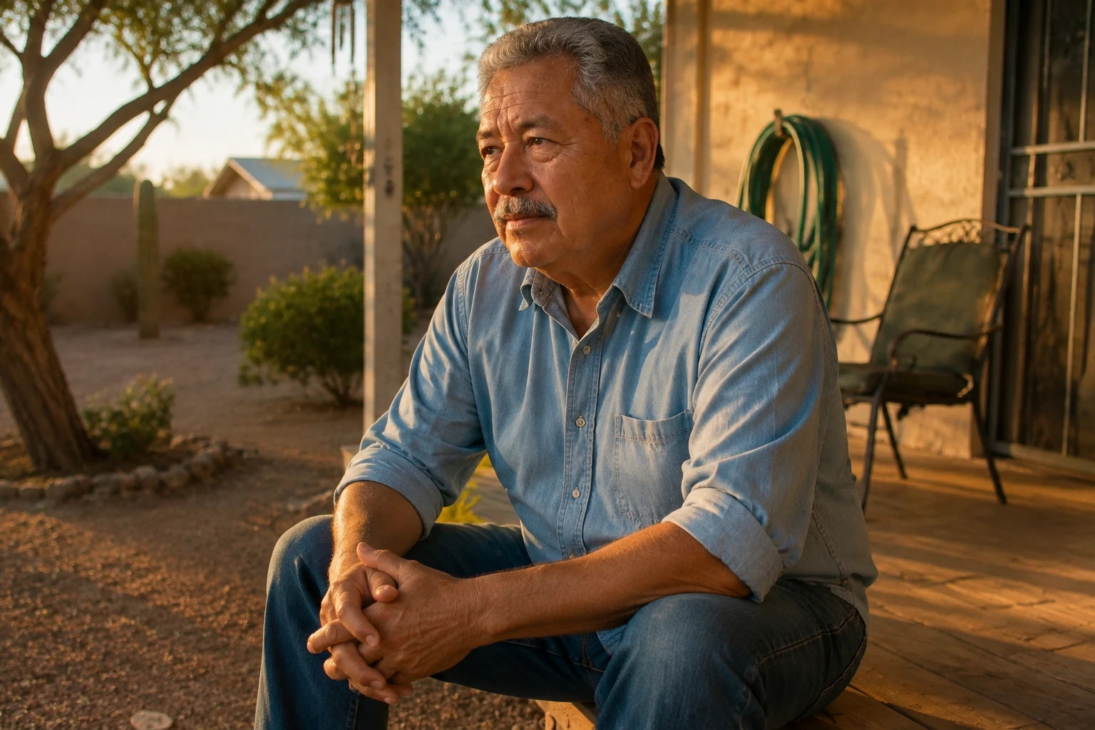 Frank sitting alone on his back porch in the late afternoon, looking out at his own yard