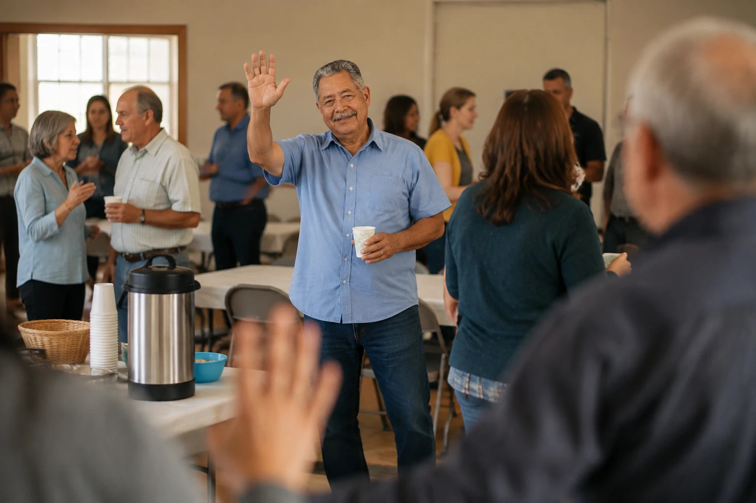 Frank waving across a church hall after a service at somebody he cannot make out