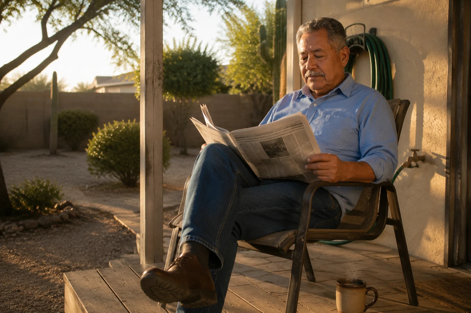 Frank reading a newspaper at a normal distance in a chair on his own porch in the early morning