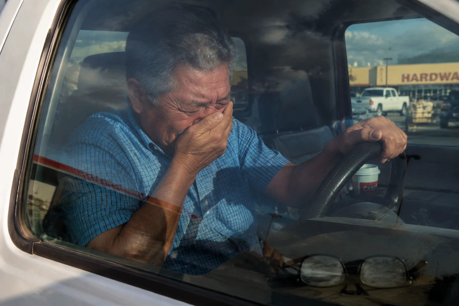 Frank in the cab of his parked truck with one hand clamped over his mouth and his glasses off on the dash