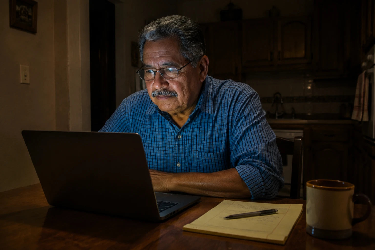 Frank at his kitchen table late in the evening with a laptop open and a legal pad beside it