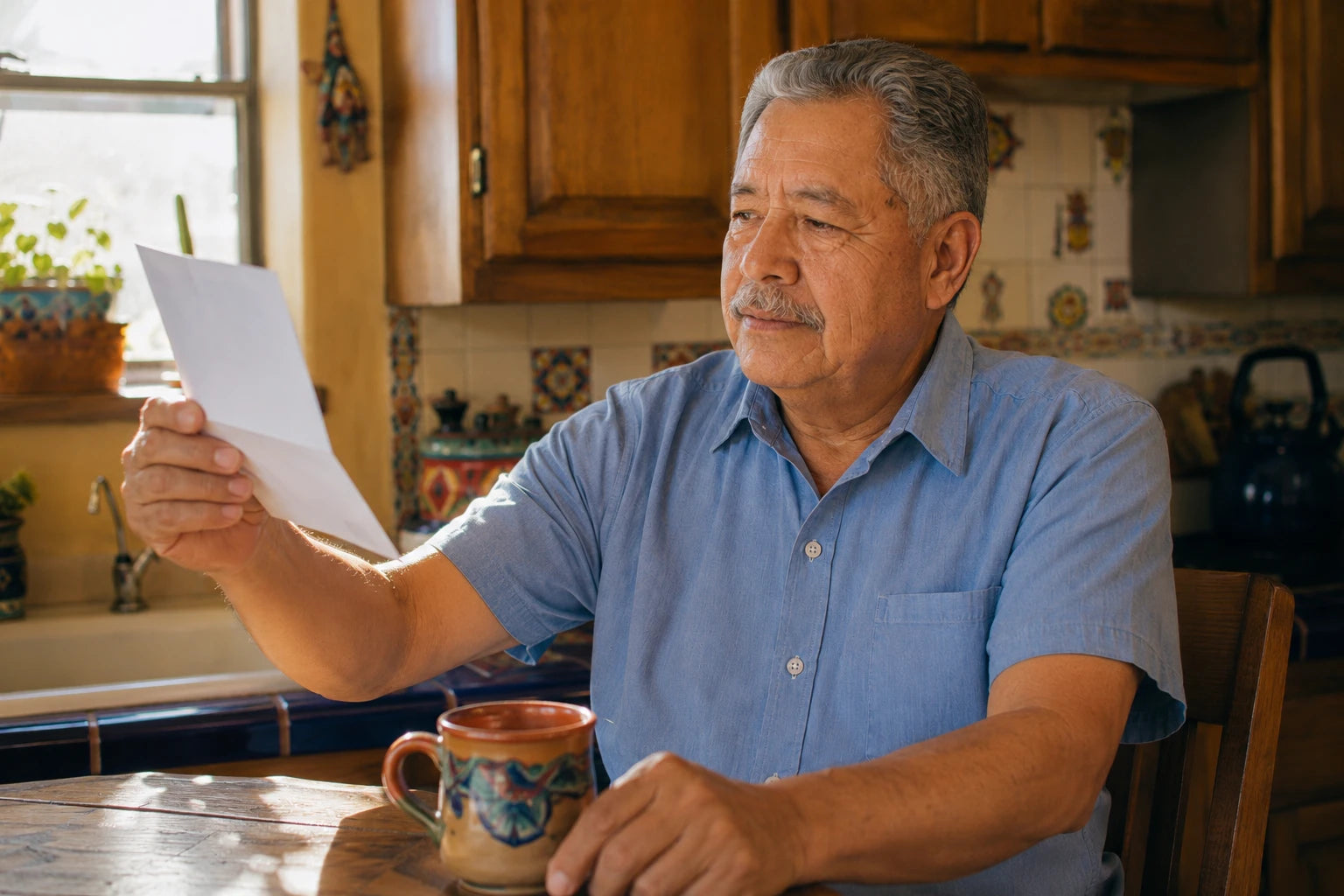 Frank at his kitchen table holding a letter out at arm's length toward the window light