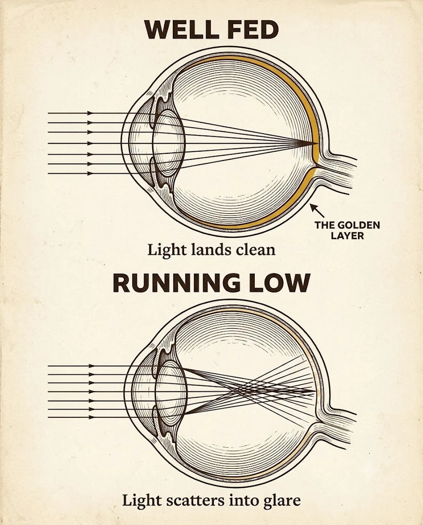 Hand-drawn diagram: a well-fed golden layer lands light clean, a depleted one scatters light into glare