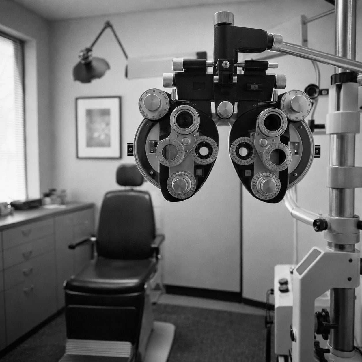 An empty optometry exam room with the phoropter in the foreground