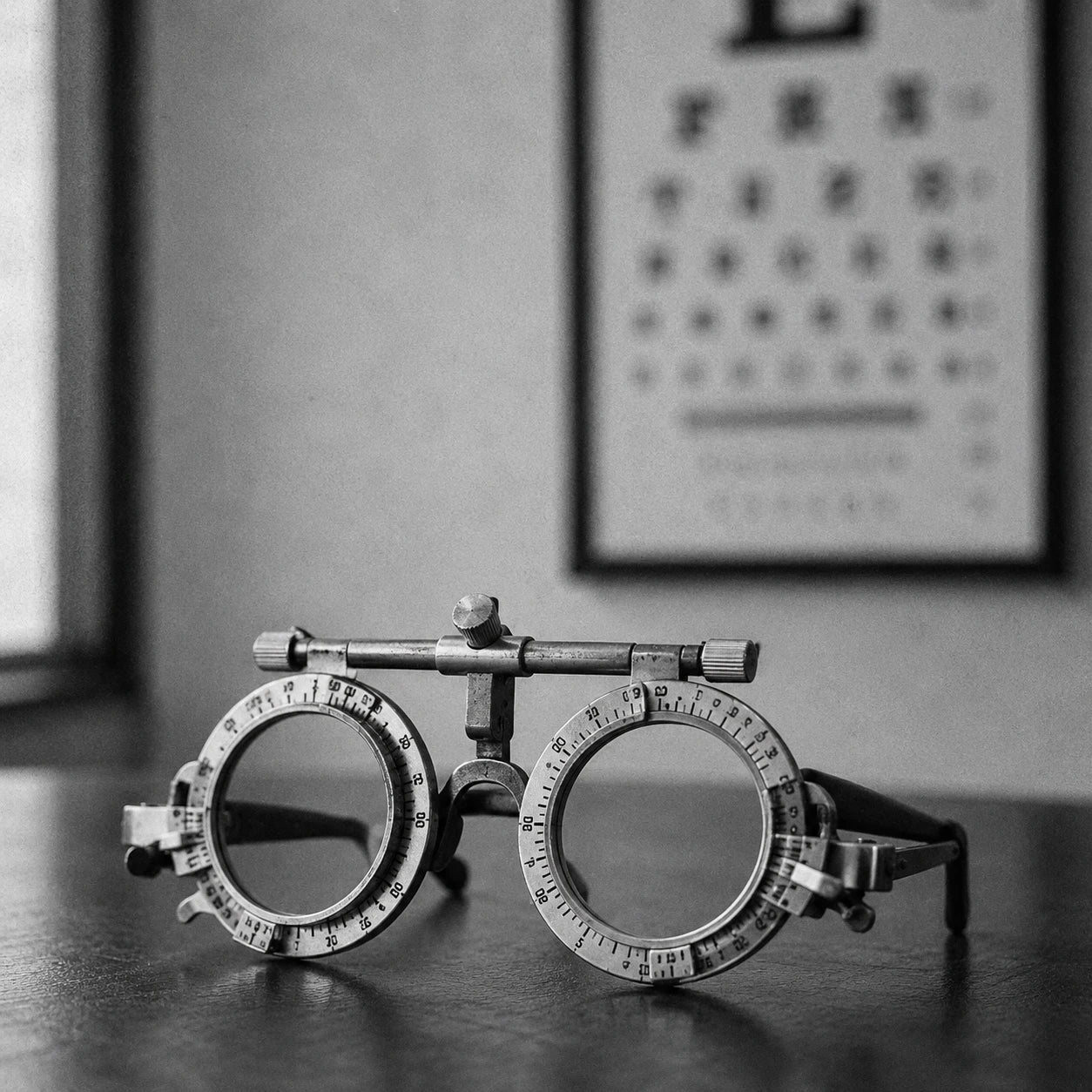 Trial lenses resting on a desk in front of an eye chart
