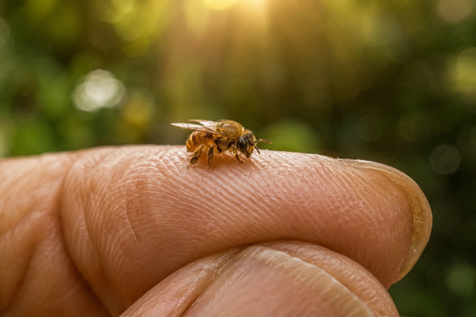 A tiny stingless bee resting on a weathered fingertip in warm forest light