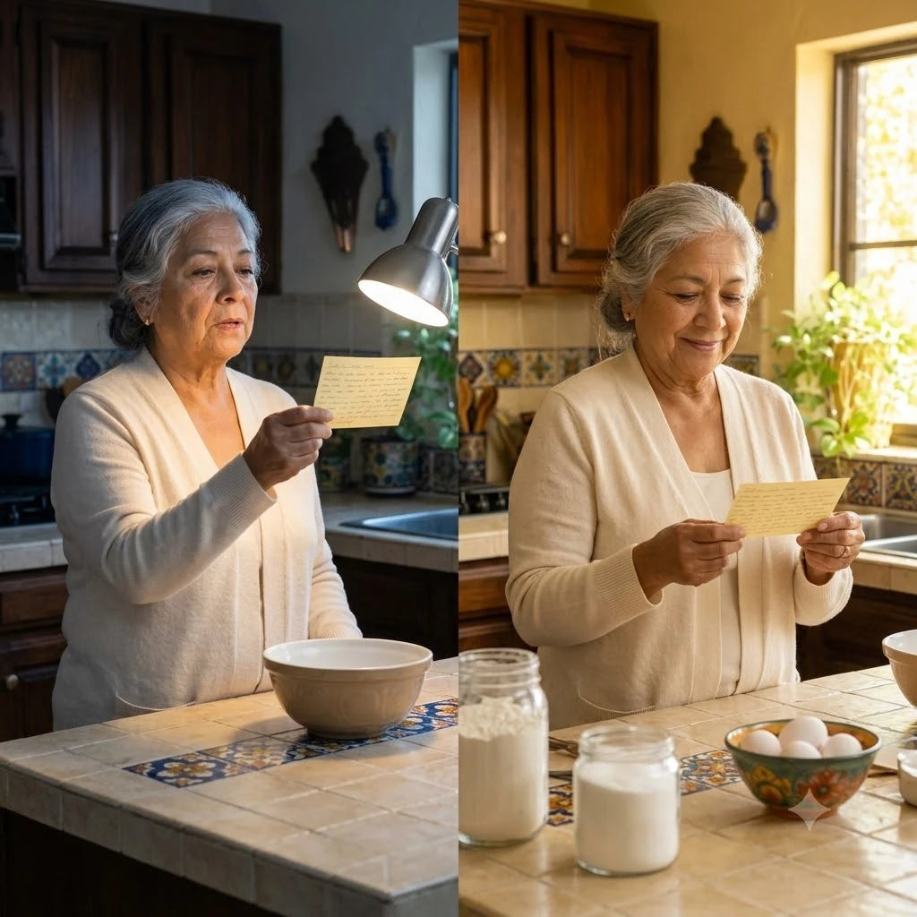 Split panel. Left, Estela at her kitchen counter in the evening holding a yellowed recipe card at full arm's length under a lamp. Right, Estela at the same counter in morning light reading the same card at a comfortable natural distance.