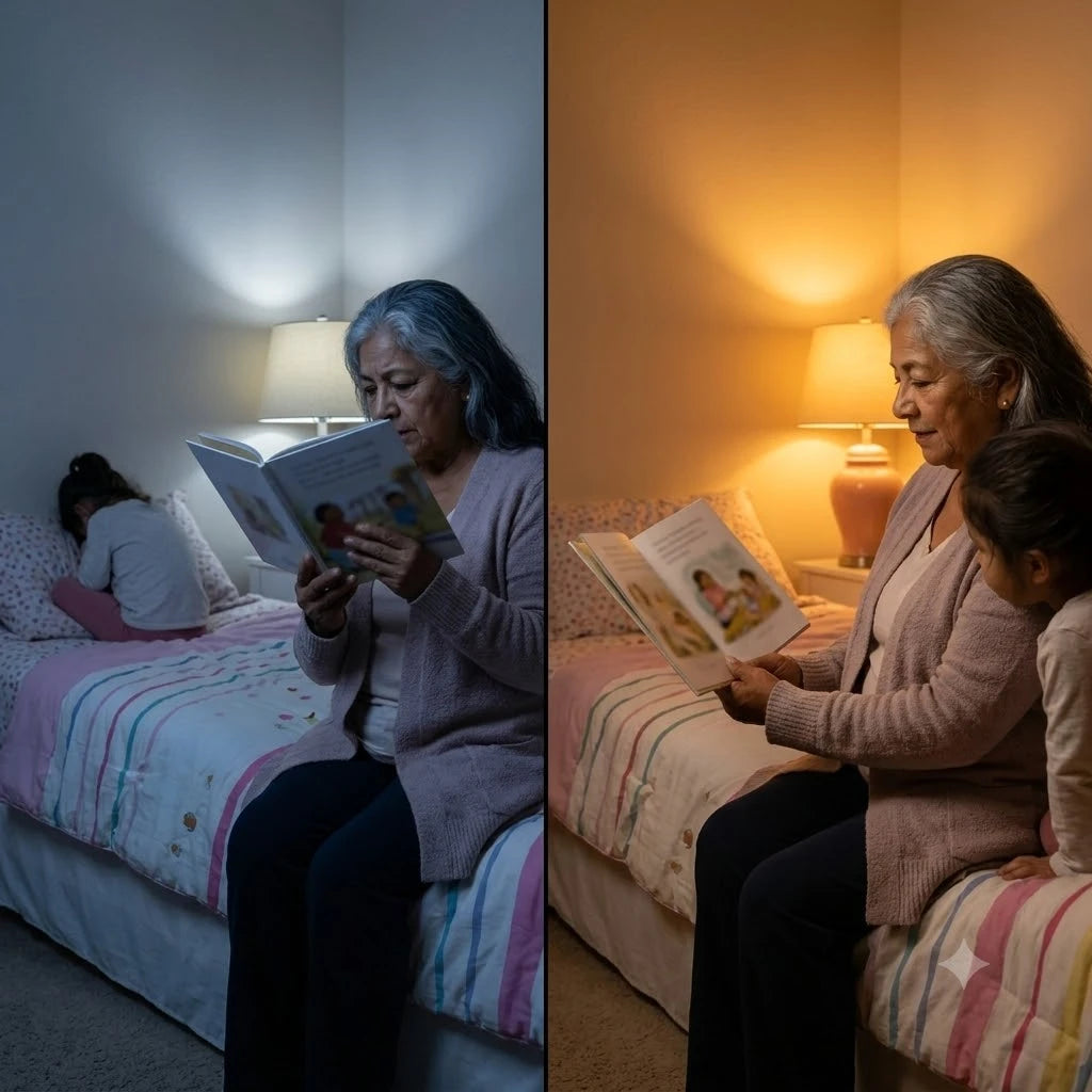 Split panel. Left, Estela on the edge of a child's bed at night holding a picture book close under a lamp, her granddaughter turned away. Right, Estela in the same room holding the book open at a normal distance, the child leaning in against her arm.