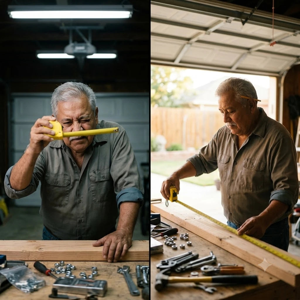 Split panel. Left, Miguel in his garage squinting at a tape measure held close to his eyes. Right, Miguel in the same garage reading the same tape at a normal working distance.
