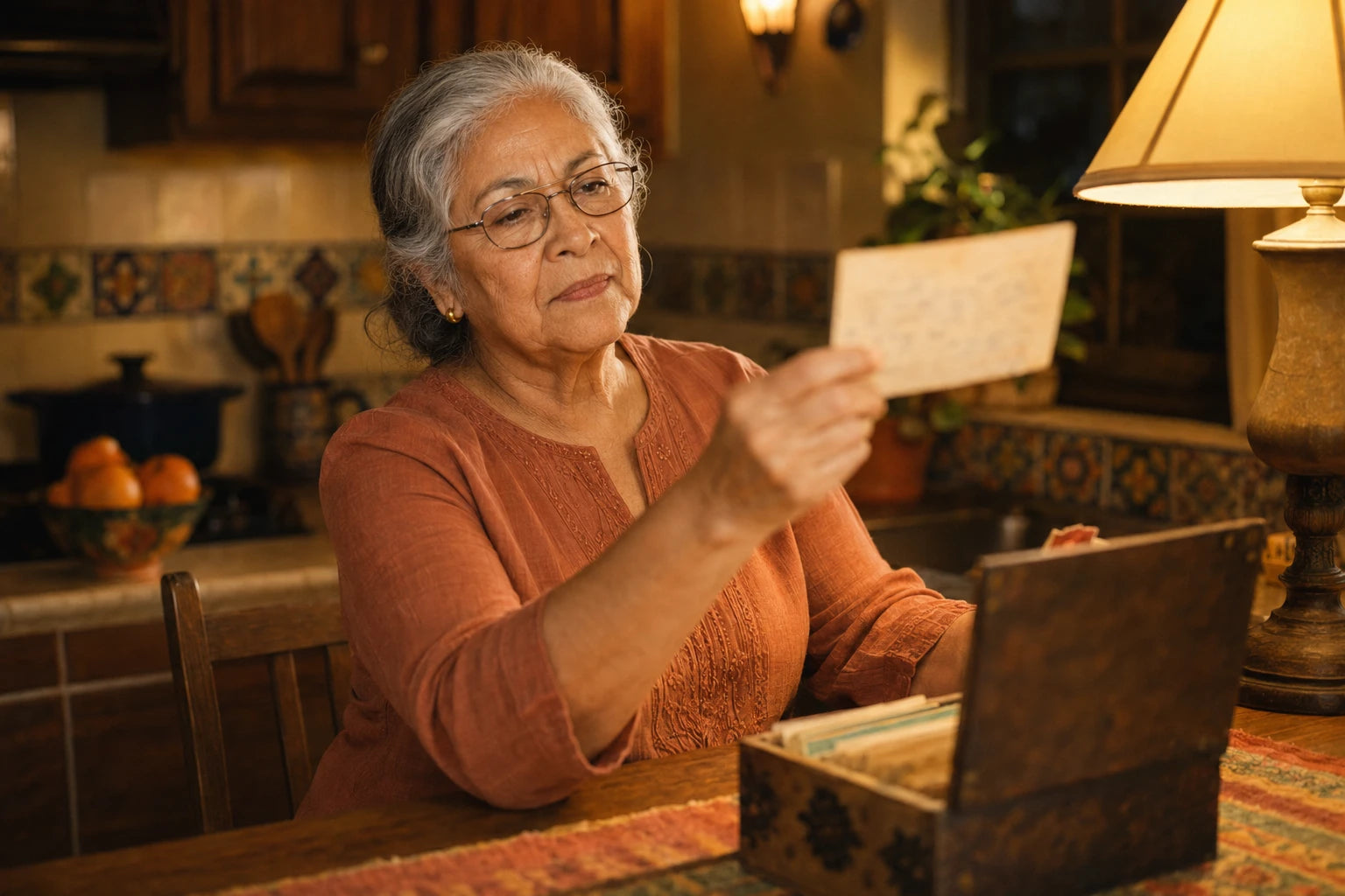 Estela holding a handwritten recipe card out at full arm's length under a bright lamp in her evening kitchen