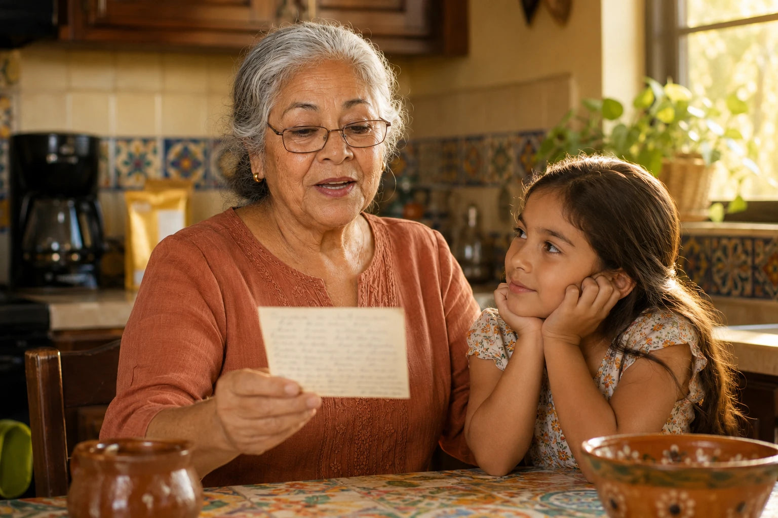 Estela reading a handwritten recipe card aloud to her granddaughter at a natural distance in warm morning light