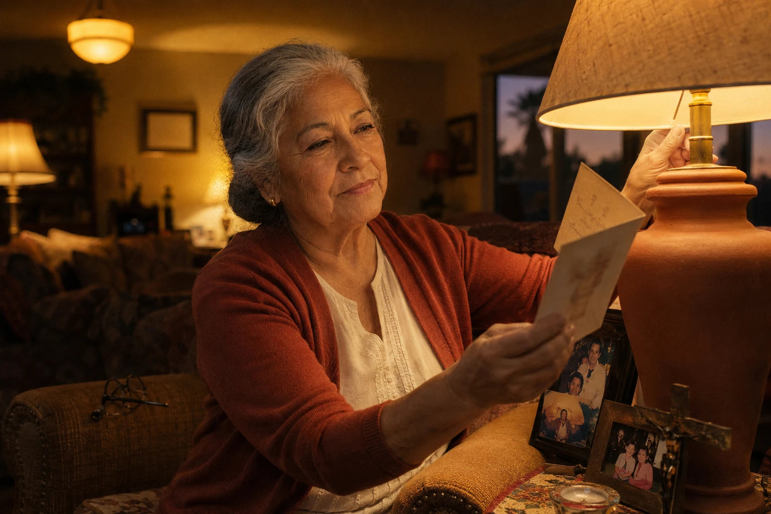 Estela in her living room at dusk with three lamps lit, holding a birthday card up close to the nearest shade