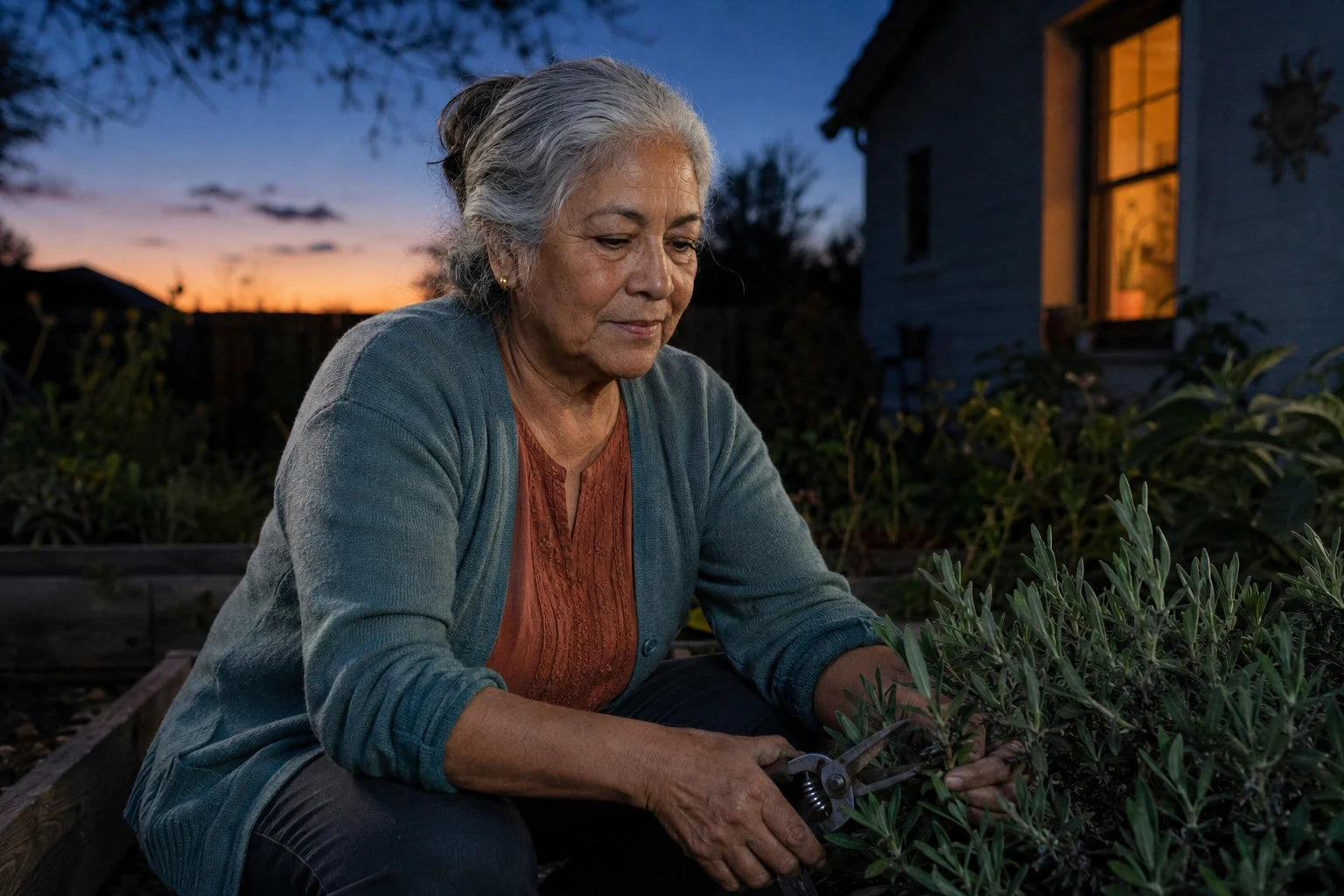 Estela crouched at a raised bed at dusk cutting back a sage bush, the last light nearly gone