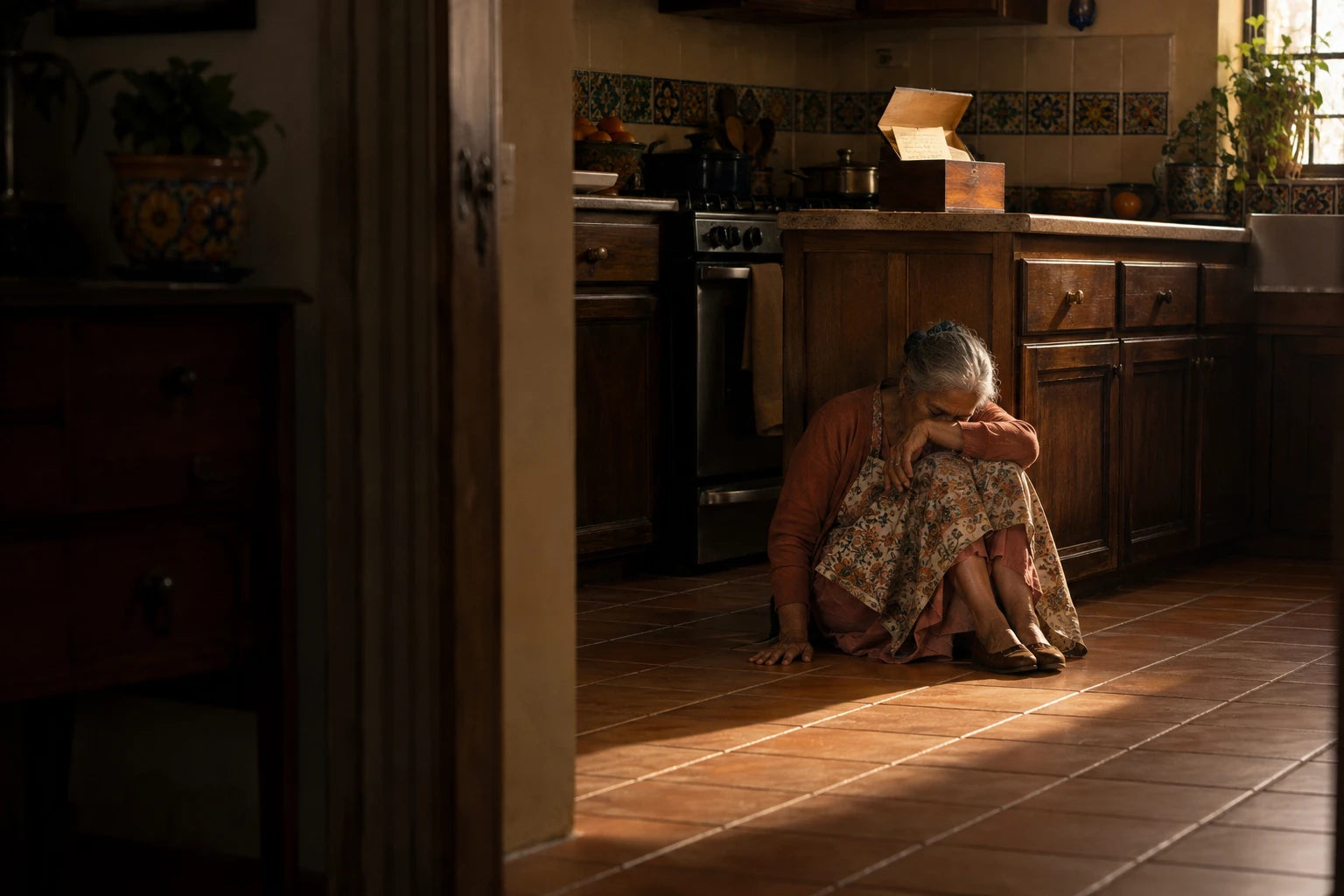 Estela sitting on her kitchen floor with her back against a cupboard door, the open recipe box on the counter above her